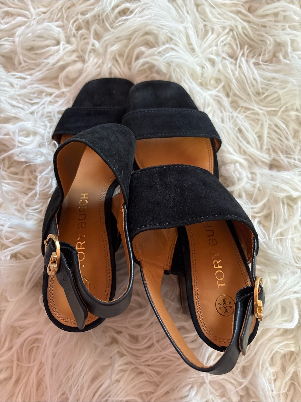 Tory Burch Black Suede Block Heel Slingback Sandals Size 8.5 - Picture 3 of 6